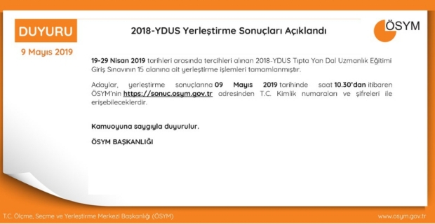 2018-YDUS yerleştirme sonuçları açıklandı